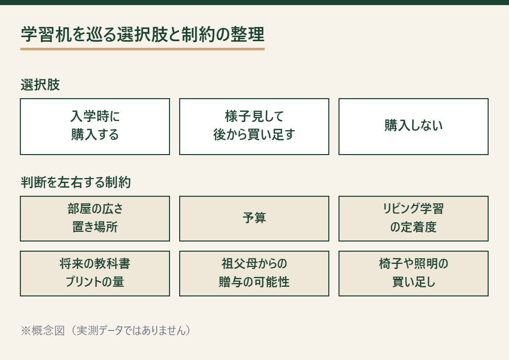 学習机を買う・様子見する・買わないの3つの選択肢と、部屋の広さや予算などの制約条件を対応させた整理図