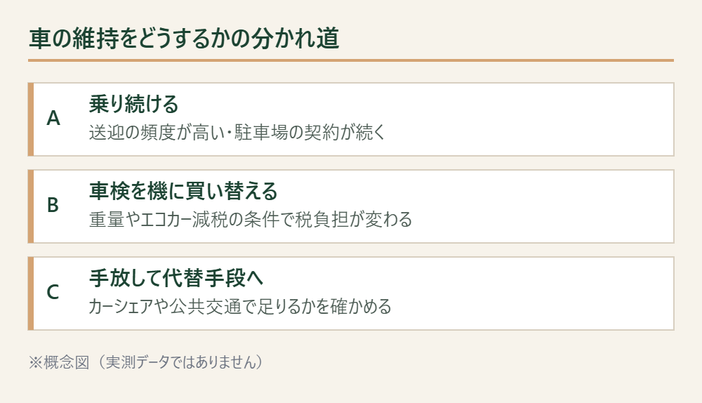 乗り続ける・買い替える・手放すの3つの選択肢と条件を並べた概念図