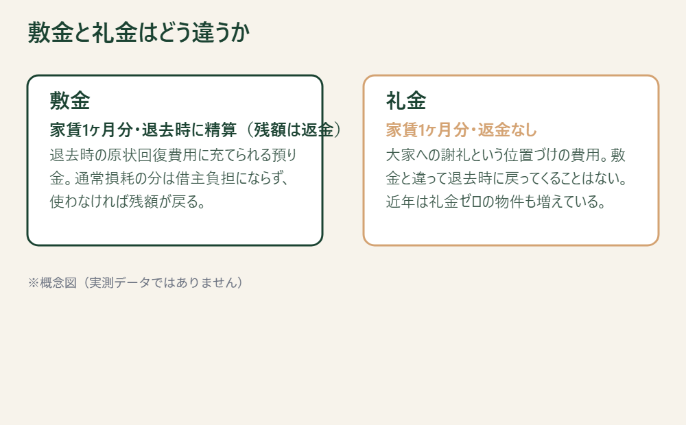 敷金と礼金の違いを比較した図。概念図(実測データではありません)