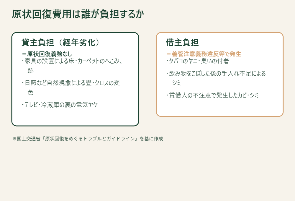 原状回復費用の貸主負担と借主負担の例を比較した図。出典は国土交通省「原状回復をめぐるトラブルとガイドライン」別表1