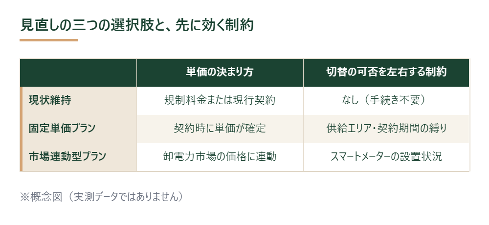 電気・ガスの契約見直しにおける三つの選択肢と制約を示した図