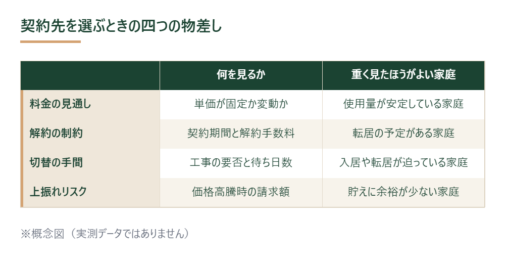 電気・ガスの契約先を選ぶ際の四つの判断基準を示した図