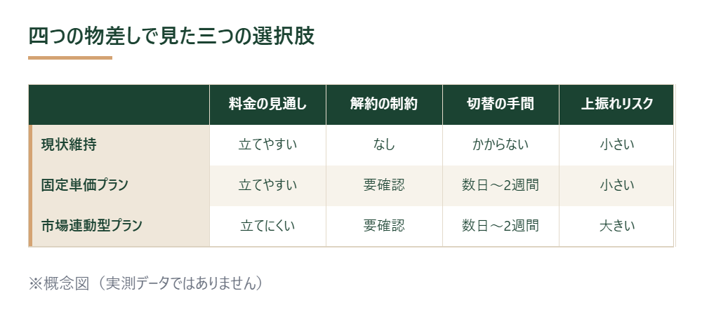 三つの契約選択肢を四つの判断基準で評価した図