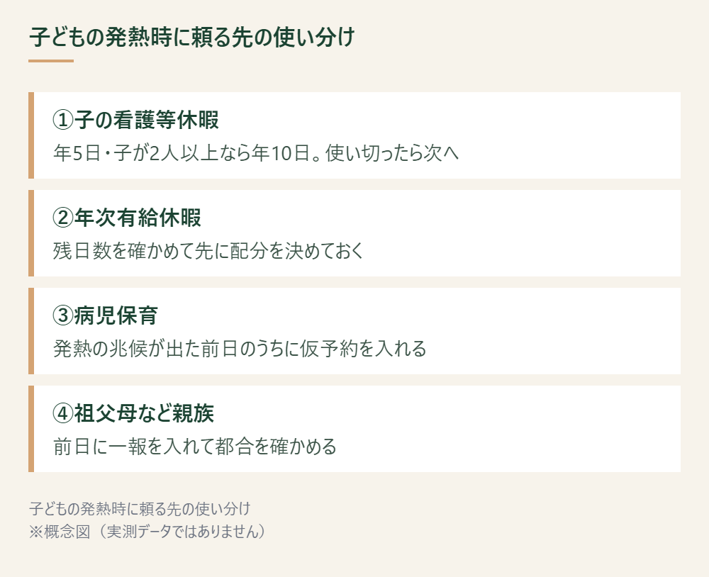 子どもの発熱時にどの制度・頼り先を使うかを整理した概念図 ※概念図(実測データではありません)
