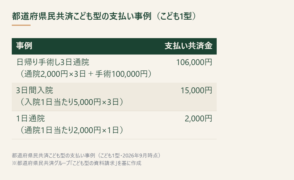 都道府県民共済こども型の支払い事例を示した表 ※都道府県民共済グループ「こども型の資料請求」を基に作成