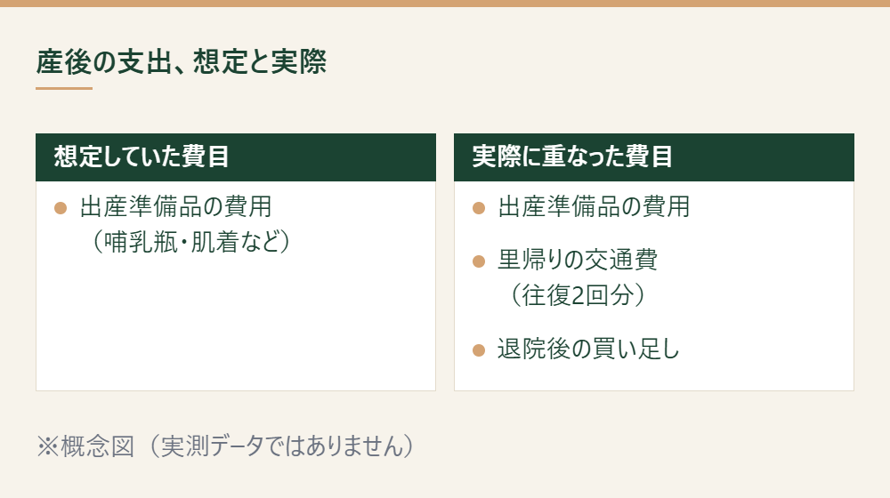 産後の支出で想定していた費目と実際に重なった費目を対比した概念図