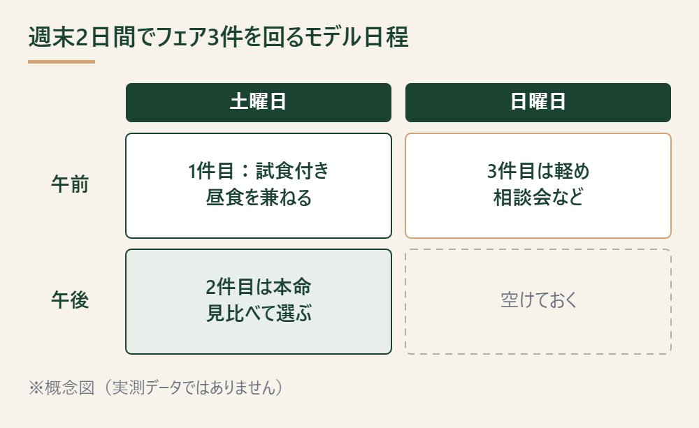 週末2日間でブライダルフェア3件を回るモデル日程の概念図。土曜午前に試食付きの1件目、土曜午後に本命の2件目、日曜午前に相談会などの軽い3件目