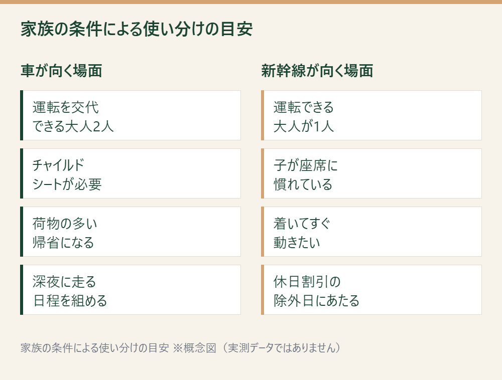 運転の交代要員や荷物量、日程から車と新幹線のどちらが向くかを並べた概念図