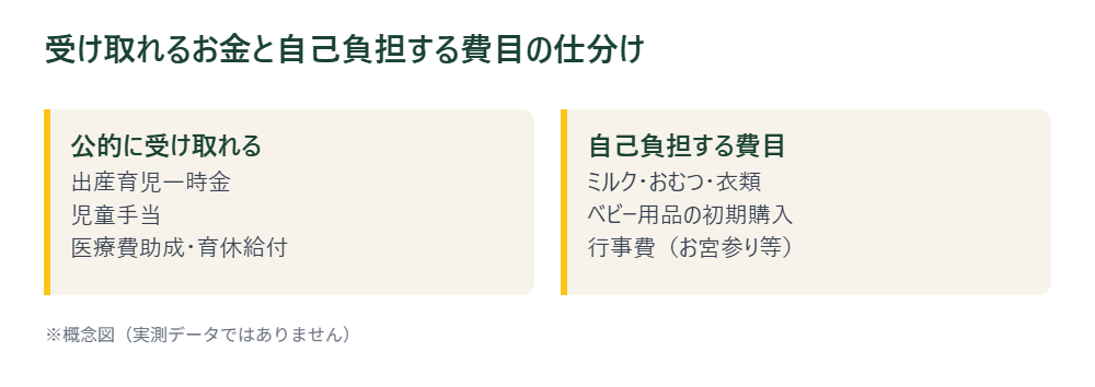 公的に受け取れるお金と自己負担する費目を仕分けた図