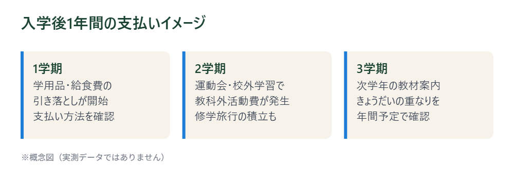 入学後1年間の支払いイメージを3期に分けた図