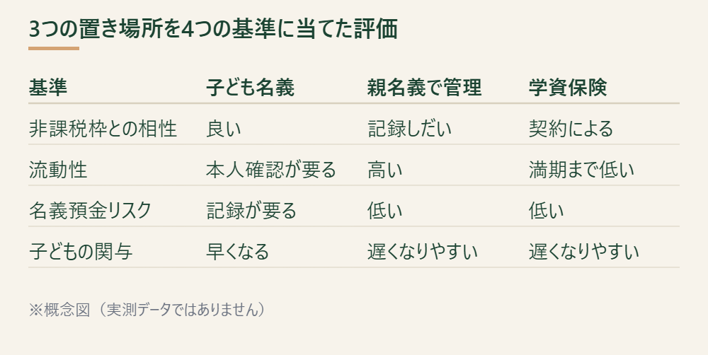 教育資金の置き場所3案を4つの基準で評価したマトリクス表