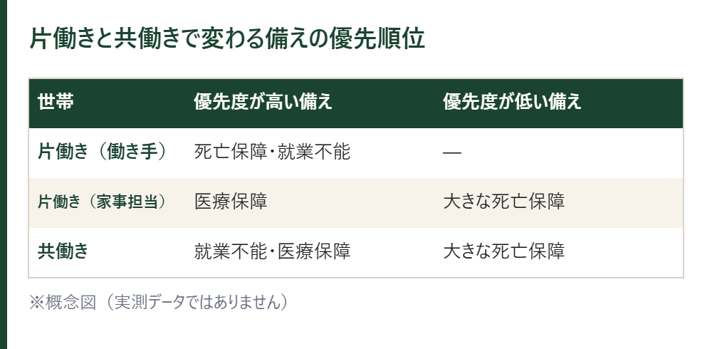 片働きと共働きで変わる備えの優先順位の表。片働きの働き手は死亡保障と就業不能、家事担当は医療保障、共働きは就業不能と医療保障