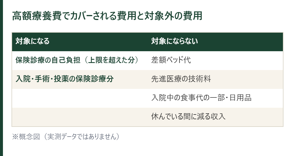 高額療養費でカバーされる費用と対象外の費用の表。保険診療の自己負担は対象、差額ベッド代・先進医療の技術料・食事代・減る収入は対象外