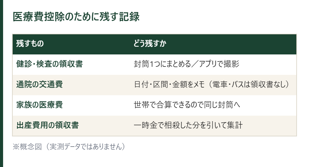 医療費控除のために残す記録の表。健診の領収書、通院の交通費メモ、家族の医療費、出産費用の領収書