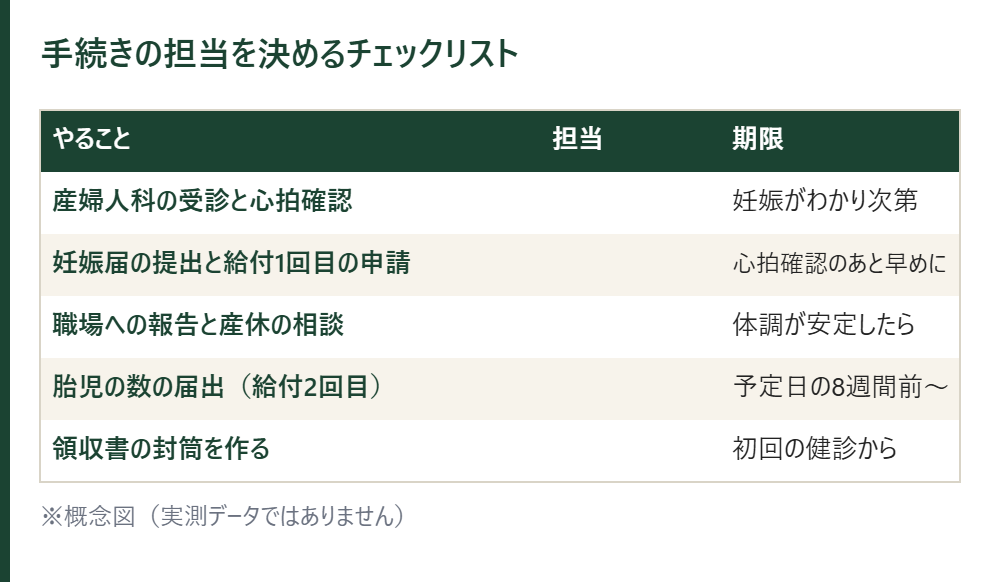 手続きの担当を決めるチェックリストの表。受診、妊娠届と給付申請、職場への報告、胎児の数の届出、領収書の封筒