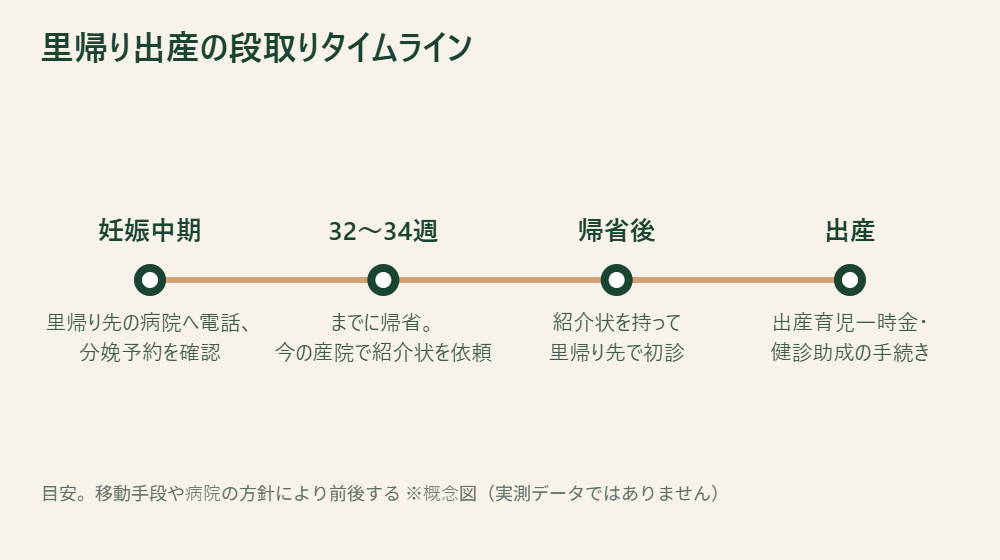 里帰り出産の段取りタイムライン図。妊娠中期に里帰り先の病院へ電話、32〜34週までに帰省、帰省後に紹介状を持って初診、出産という流れ