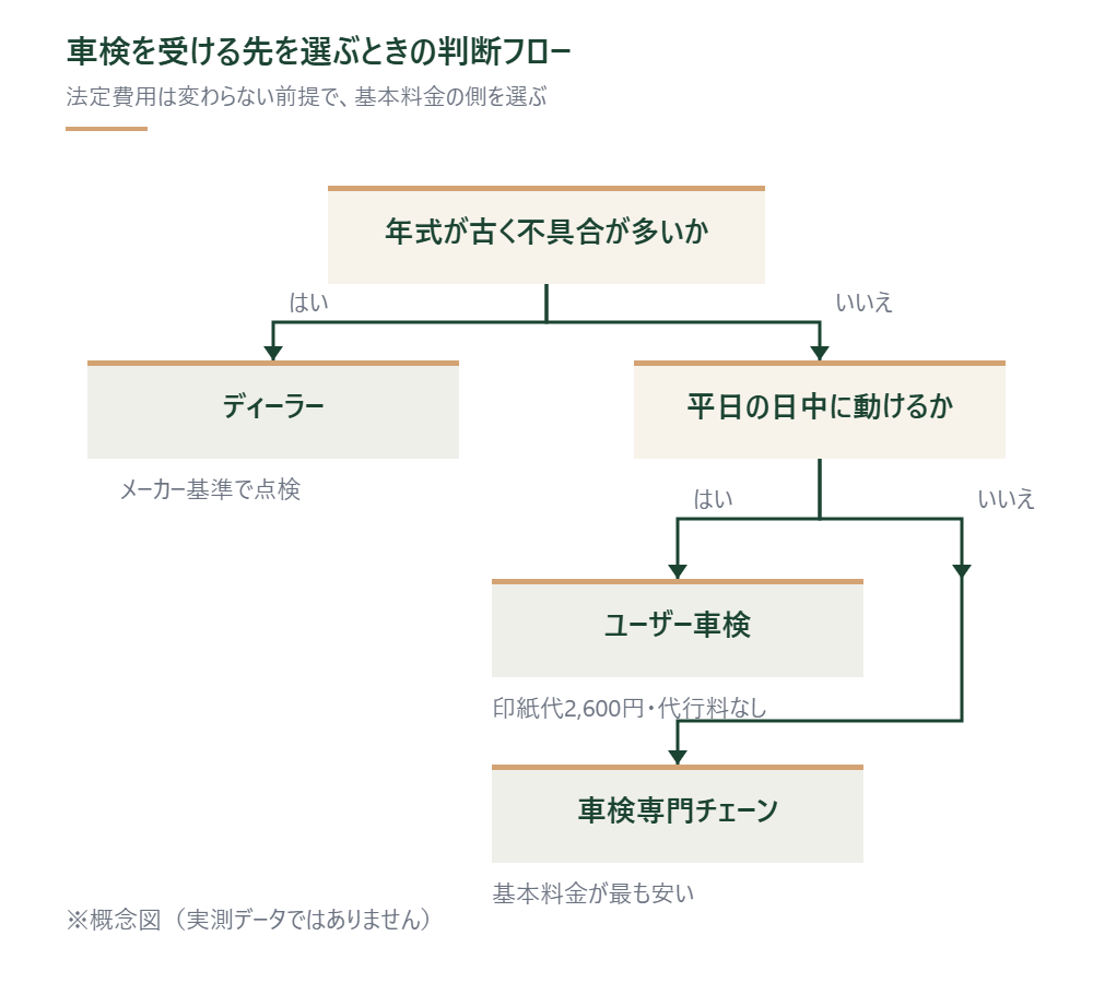 車の年式と使える時間から車検の依頼先を選ぶ判断フロー図