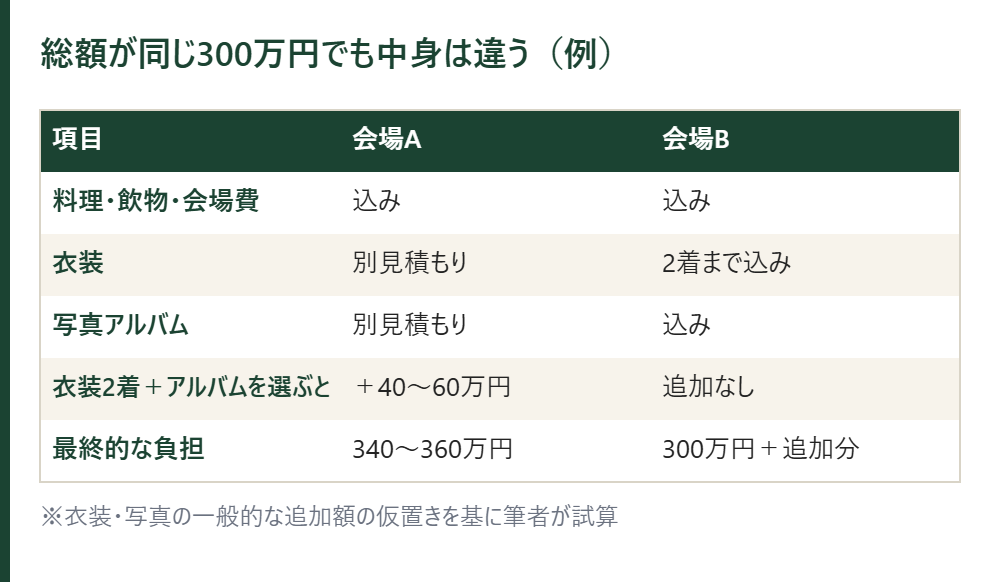 総額が同じ300万円でも中身が違う例の表。会場Aは衣装と写真が別見積もり、会場Bは込み