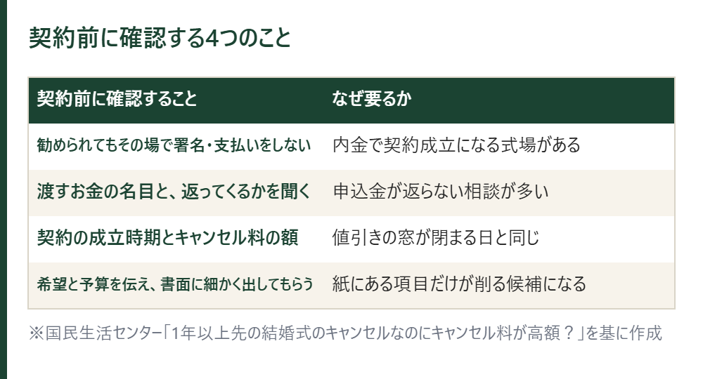 契約前に確認する4つのことの表。その場で署名・支払いをしない、お金の名目と返金の有無、契約の成立時期とキャンセル料、希望と予算を書面に