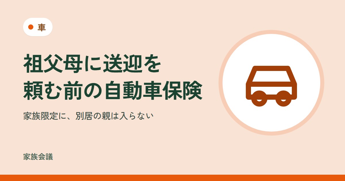 「祖父母に送迎を頼む前の自動車保険」「家族限定に、別居の親は入らない」の文字と、車の色の地に車の絵