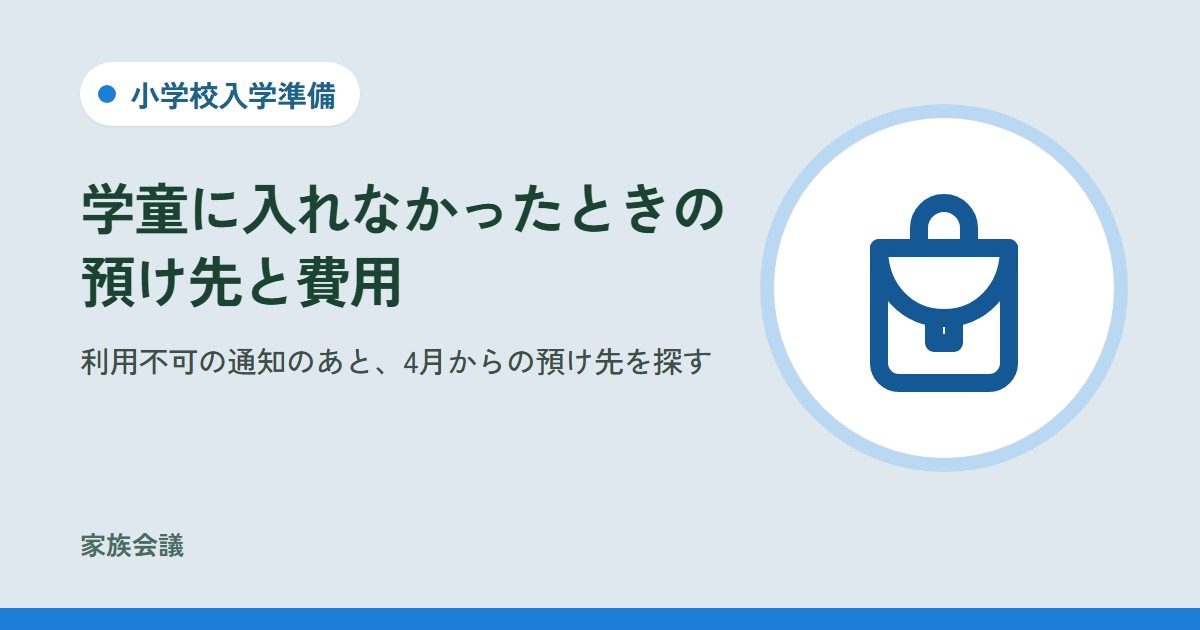 「学童に入れなかったときの預け先と費用」「利用不可の通知のあと、4月からの預け先を探す」の文字と、小学校入学準備の色の地にランドセルの絵