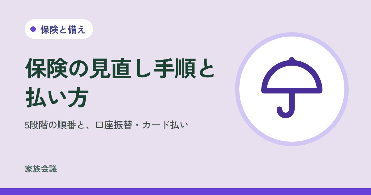 「保険の見直し手順と払い方」「5段階の順番と、口座振替・カード払い」の文字と、保険と備えの色の地に傘の絵