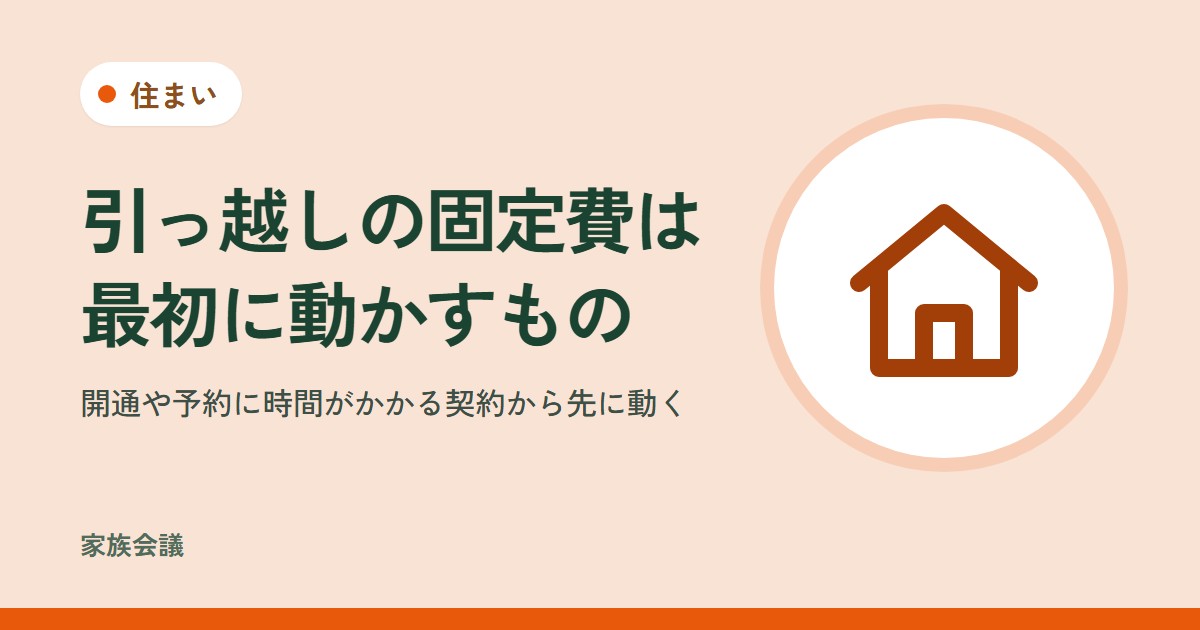 「引っ越しの固定費は最初に動かすもの」「開通や予約に時間がかかる契約から先に動く」の文字と、住まいの色の地に家の絵