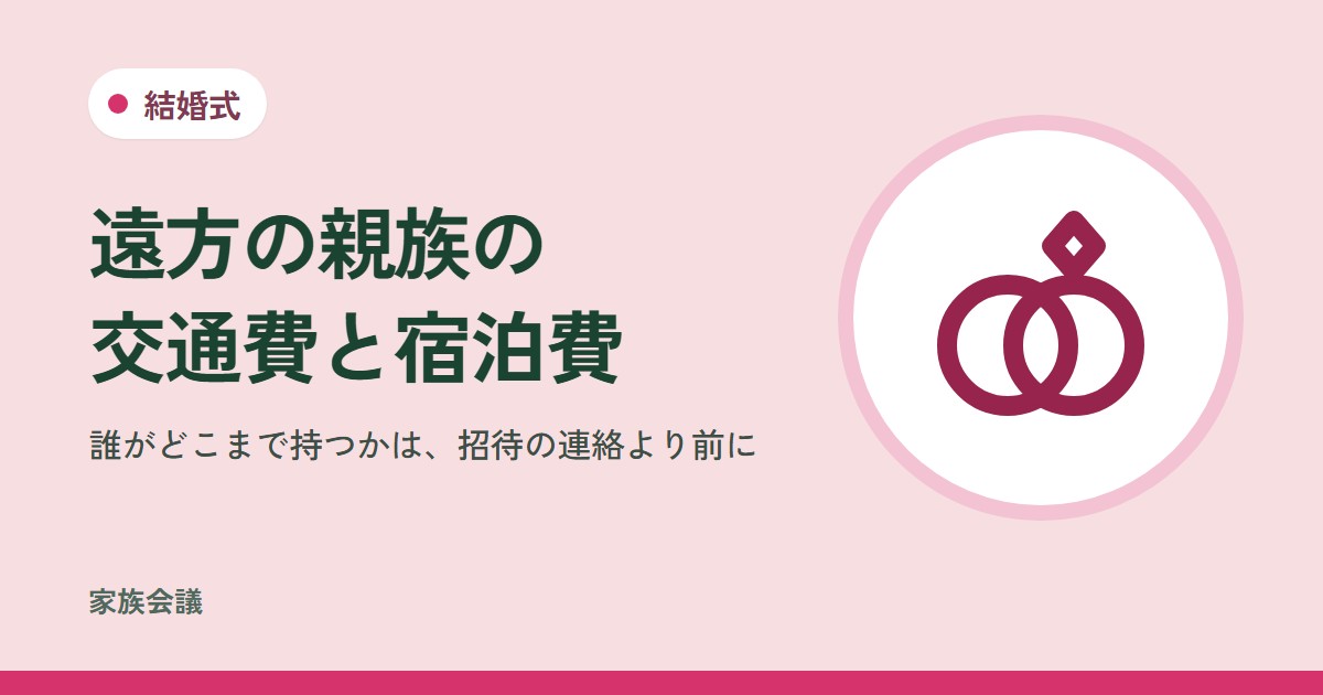 「遠方の親族の交通費と宿泊費」「誰がどこまで持つかは、招待の連絡より前に」の文字と、結婚式の色の地に2つの指輪の絵