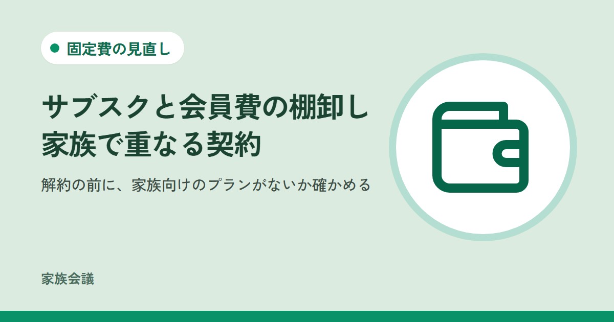 「サブスクと会員費の棚卸し家族で重なる契約」「解約の前に、家族向けのプランがないか確かめる」の文字と、固定費の見直しの色の地に財布の絵