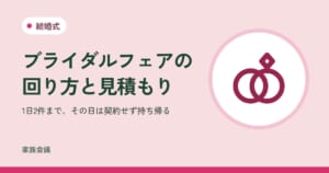 「ブライダルフェアの回り方と見積もり」「1日2件まで、その日は契約せず持ち帰る」の文字と、結婚式の色の地に2つの指輪の絵